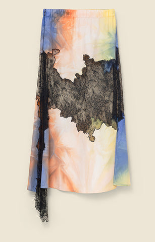 Lace-trim skirt in tie-dye viscose