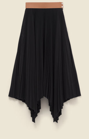 Leather-trim skirt in pleated cotton