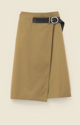 Belted skirt in outerwear cotton and leather