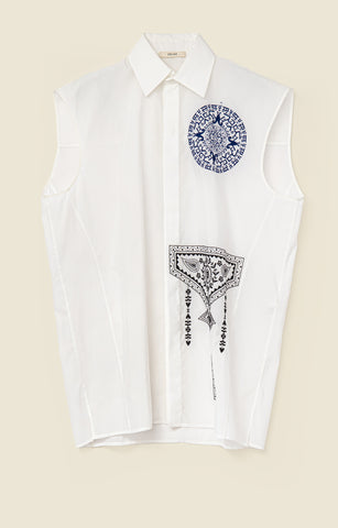 Sleeveless shirt in embroidered voile