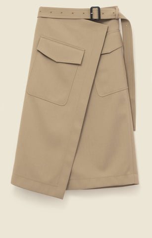 Belted wrap skirt in wool gabardine